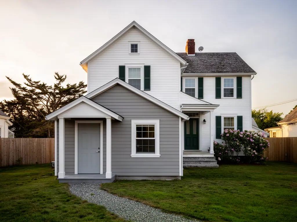 Small gray one-story accessory unit with its own covered entry in front of a white two-story house.