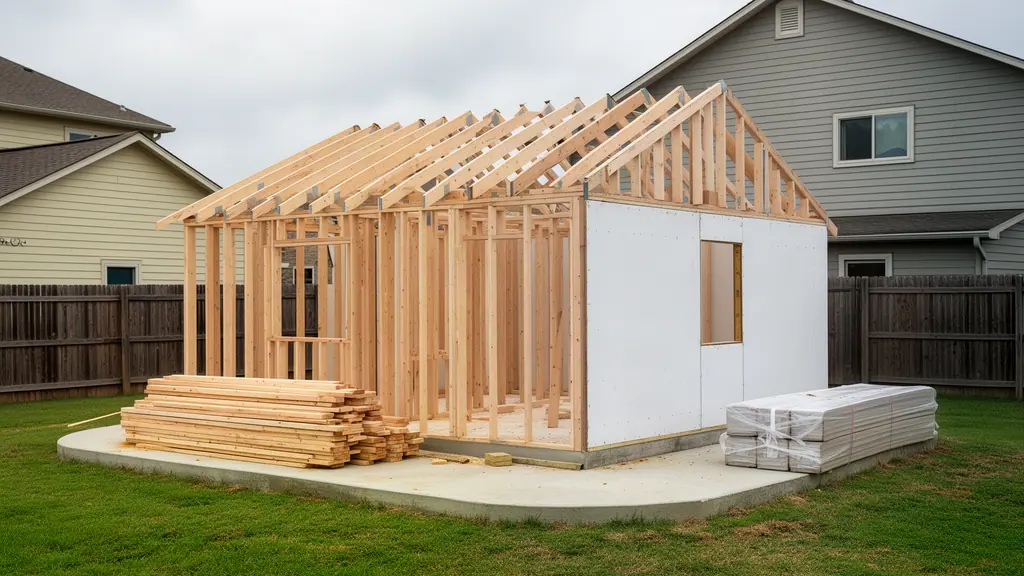Backyard cottage under construction with lumber wall framing, roof trusses and plain house wrap on a new concrete slab.