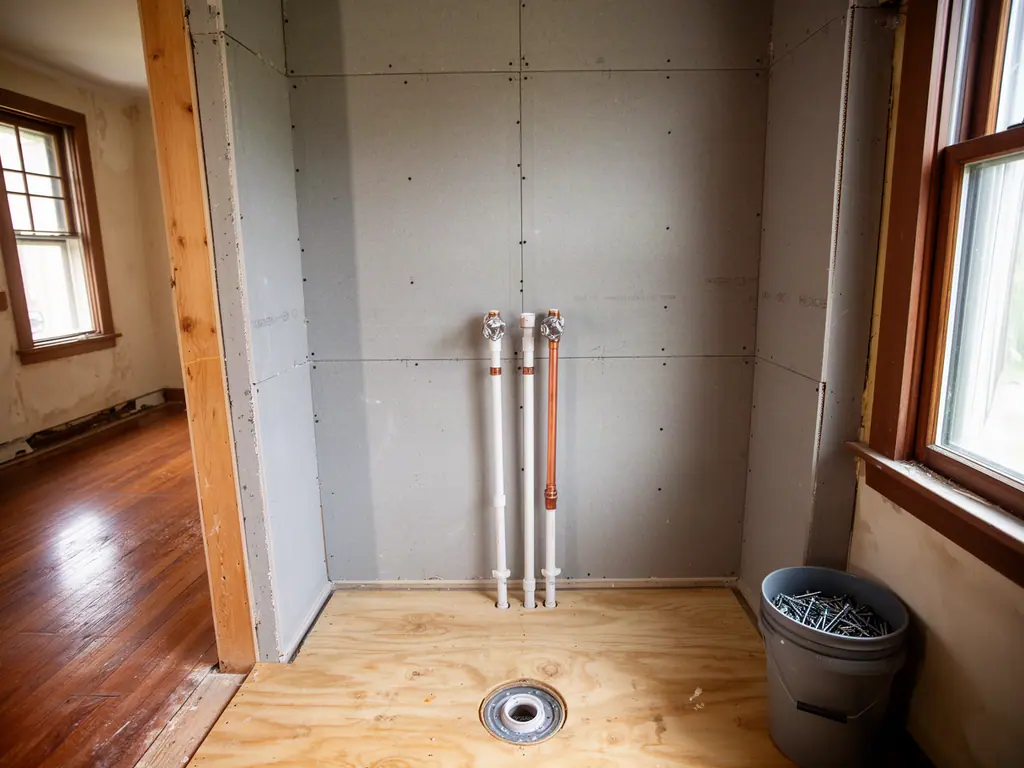 Gutted bathroom with cement backer board in the shower alcove, capped plumbing stubs and a toilet flange on the plywood subfloor.