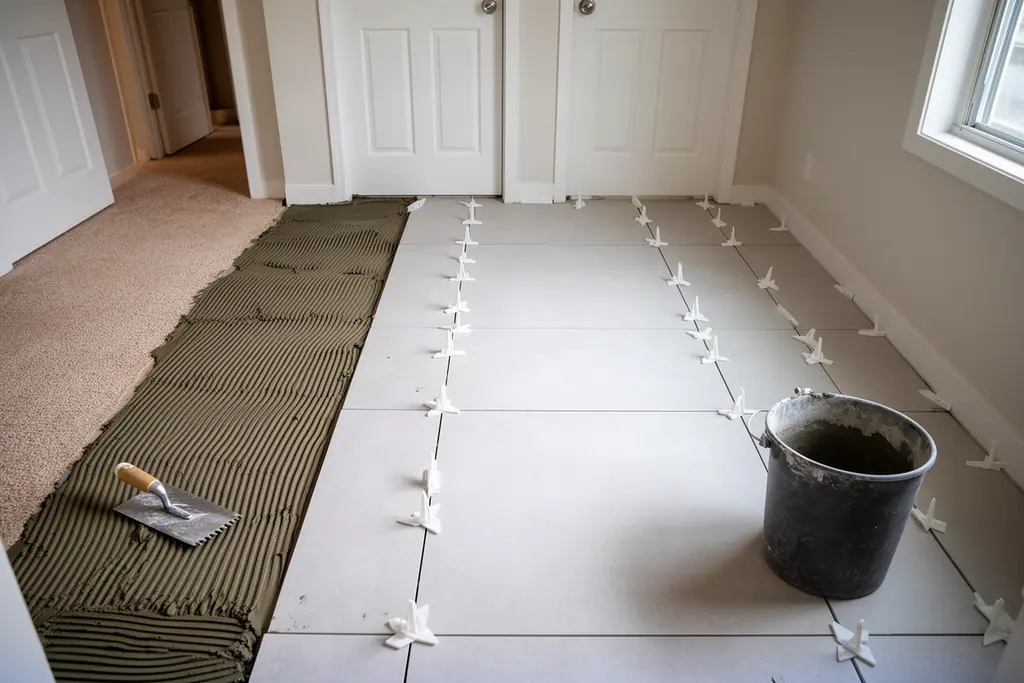 Large gray porcelain floor tiles being laid with leveling clips, a trowel and a mixing tub beside combed thin-set.