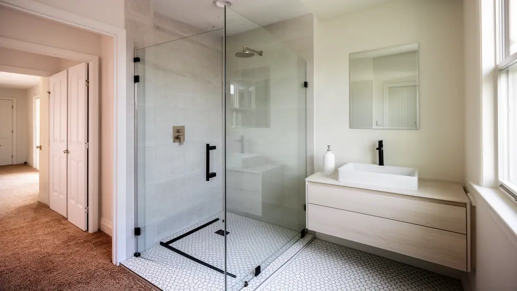 Remodeled bathroom with a glass walk-in shower, large gray wall tiles, a floating oak vanity and white hexagon floor tile.