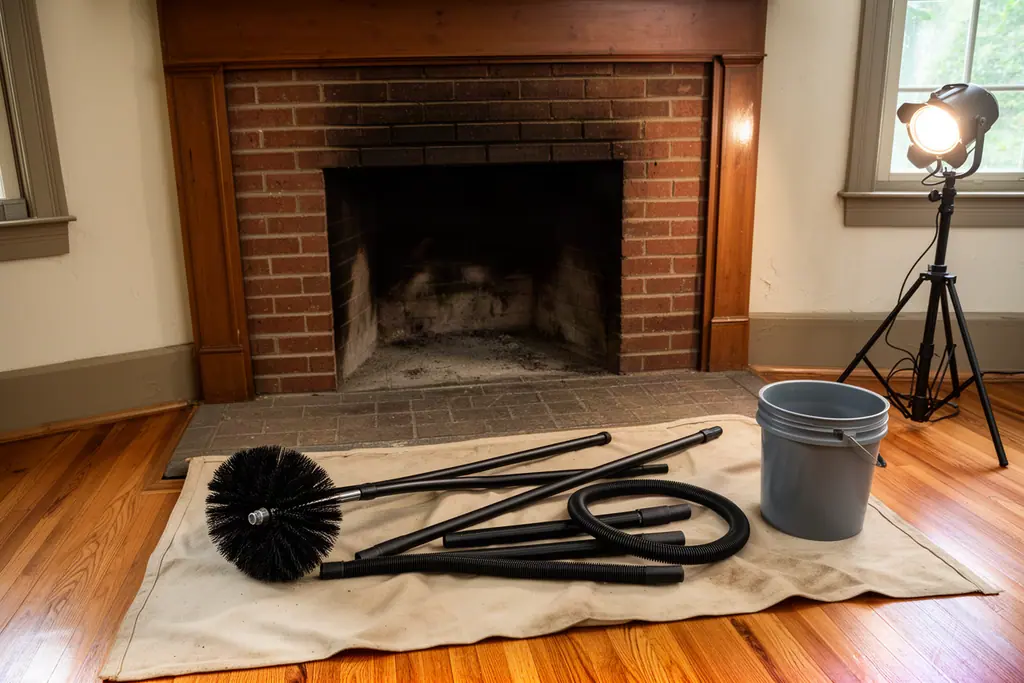 Round wire chimney brush, flexible sweeping rods, a vacuum hose and a bucket on a drop cloth in front of a brick fireplace.