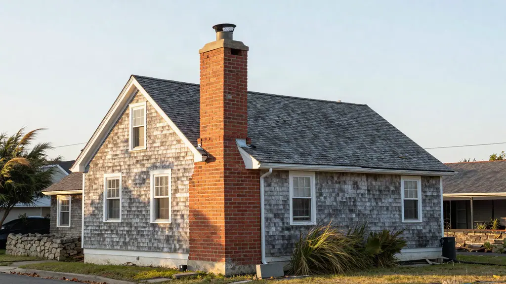 Weathered cedar-shingle cape house with a tall red-brick chimney and stainless cap rising through the roof.