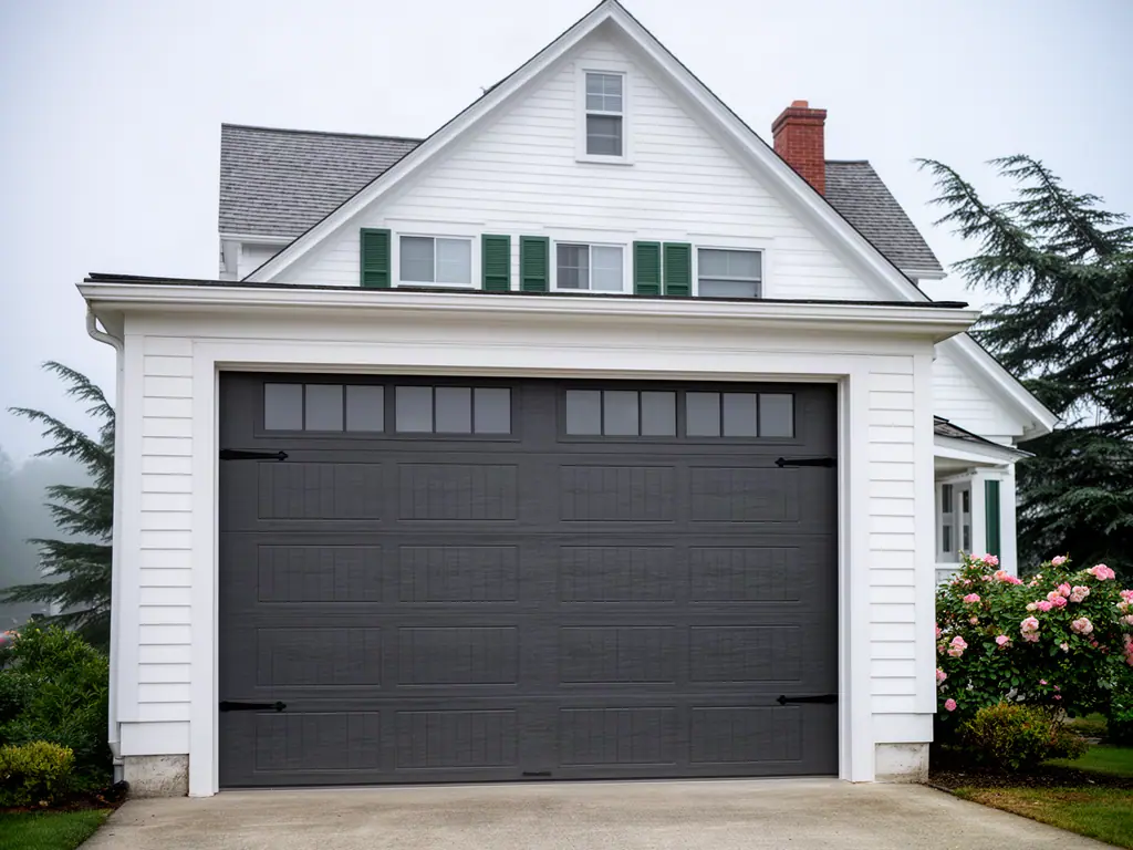 Closed charcoal carriage-style garage door with a row of small windows on a white gabled garage.