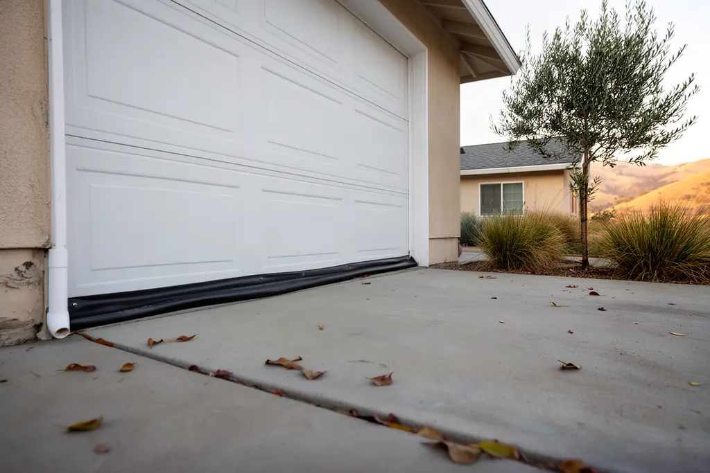 Bottom edge of a closed white sectional garage door with its black rubber weather seal resting on a concrete driveway.