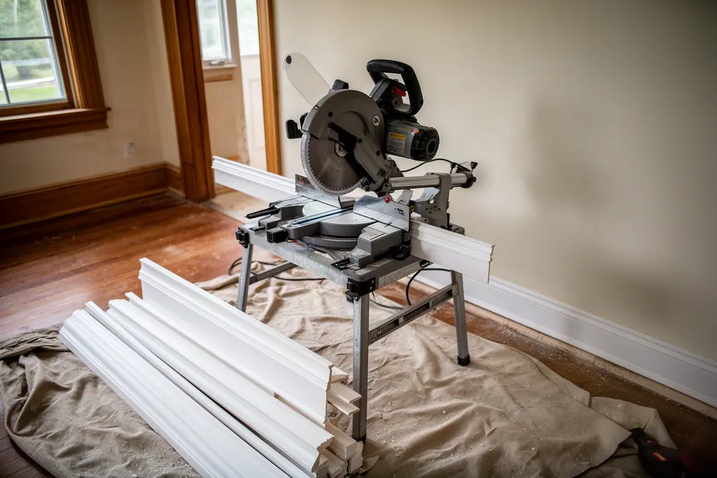 Miter saw on a stand beside cut lengths of white baseboard and crown molding on a drop cloth.