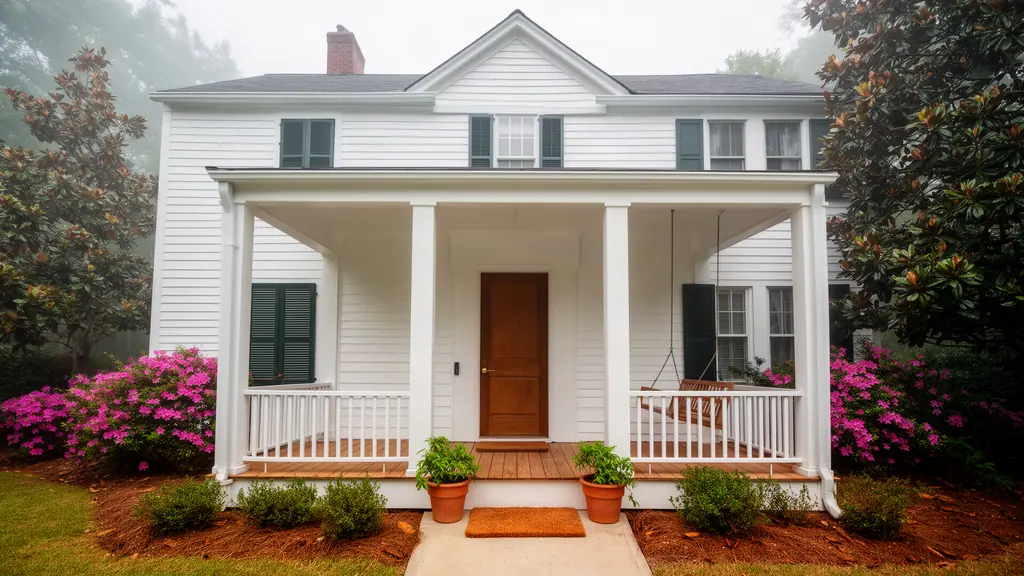Front porch of a white lap-sided house with square posts, a wooden front door, two potted plants and blooming azaleas.