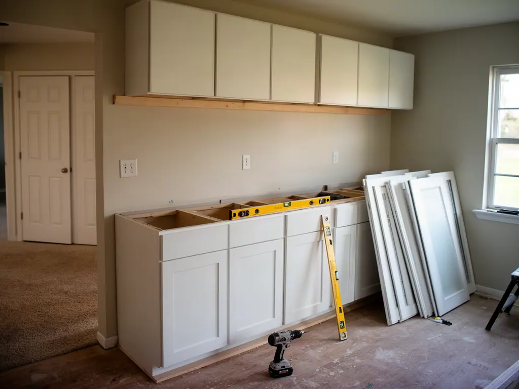 Kitchen remodel in progress with new base cabinets installed, doors leaning against the wall and a level resting on top.