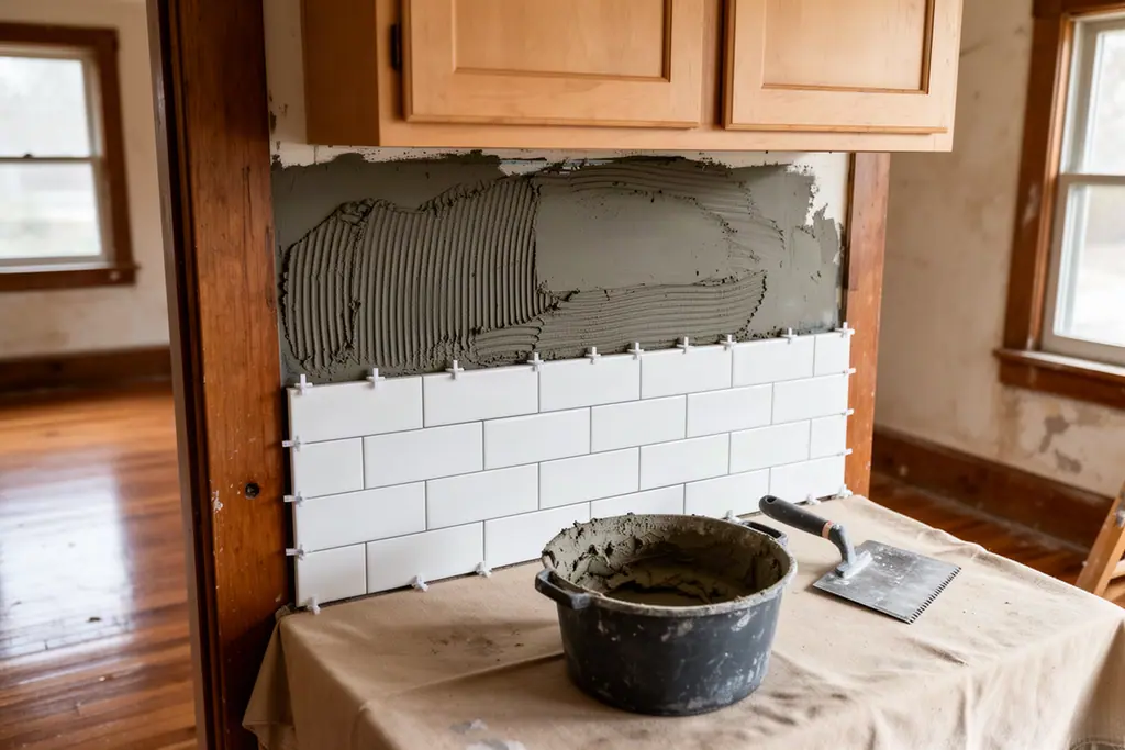 Subway-tile backsplash partially set in thin-set with spacers, a notched trowel and a mixing tub on the covered counter.