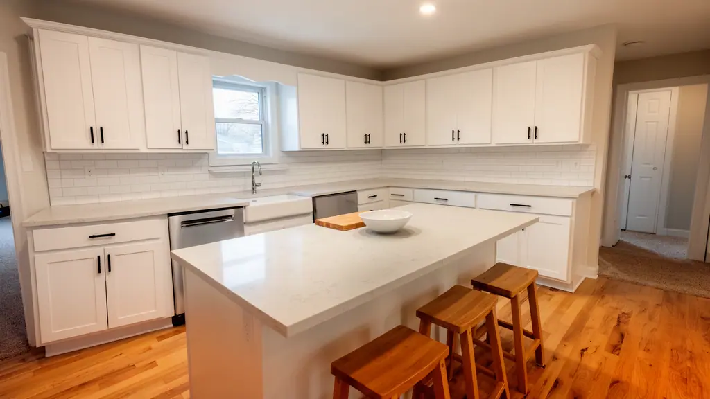 Remodeled kitchen with white shaker cabinets, a light quartz island with wooden stools, a subway-tile backsplash and oak flooring.