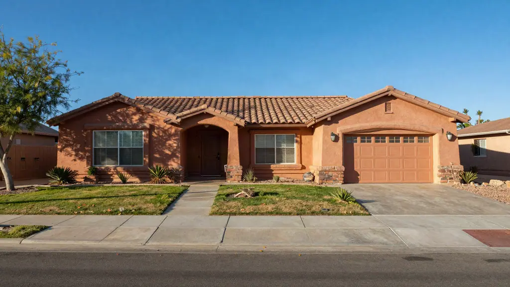 Single-story terracotta stucco house with a clay-tile roof and desert landscaping under a clear blue sky.
