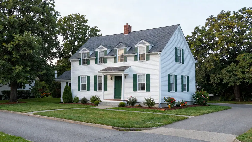 Two-story white clapboard farmhouse with green shutters, dormers and a brick chimney on a tree-lined corner lot.