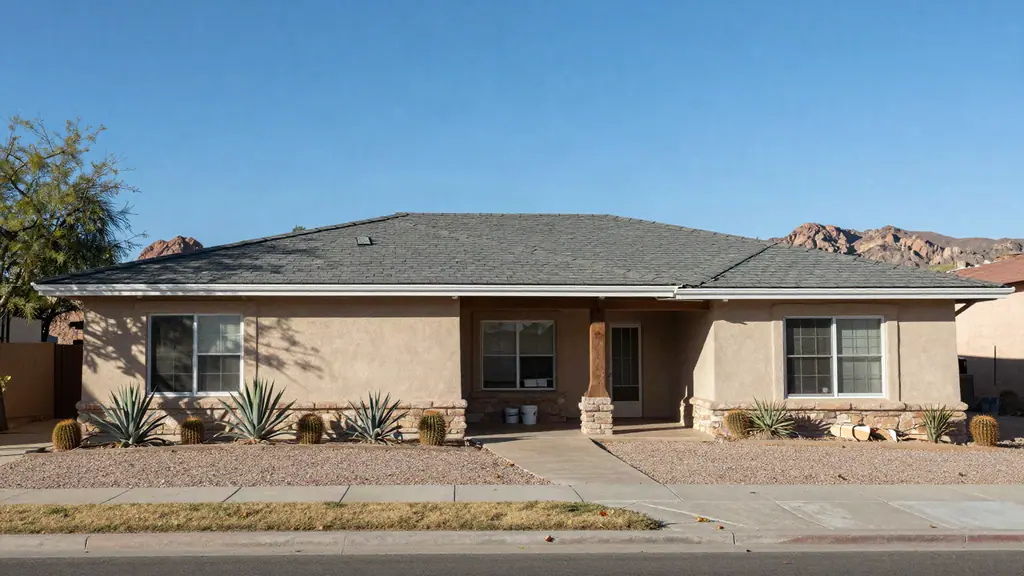 Single-story stucco house with a new gray architectural-shingle roof under a clear blue sky.
